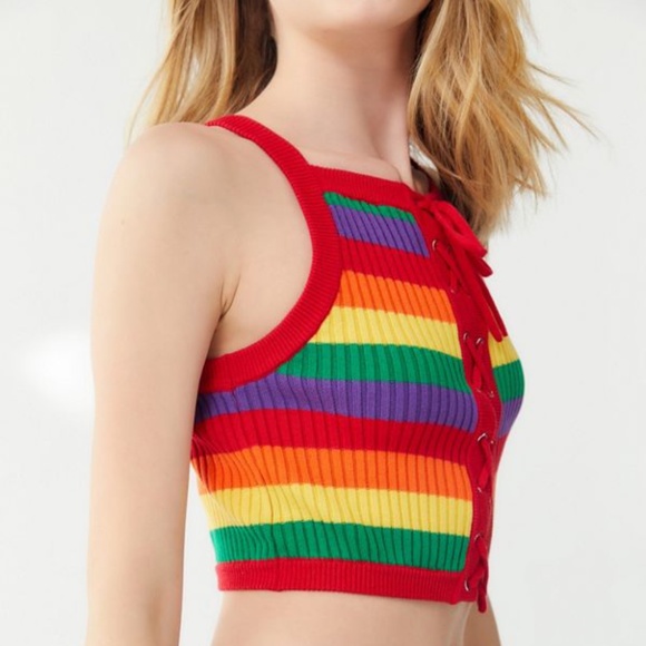 NWOT 🌈Lazy Oaf rainbow knit crop top w lace up back pride - Picture 2 of 5